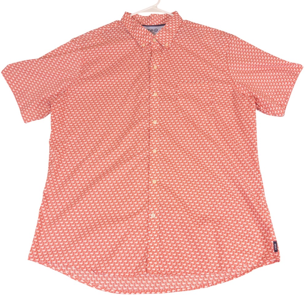IZOD Mens XXL Short Sleeve Button Down Shirt Coral Pink Flamingo Print Casual